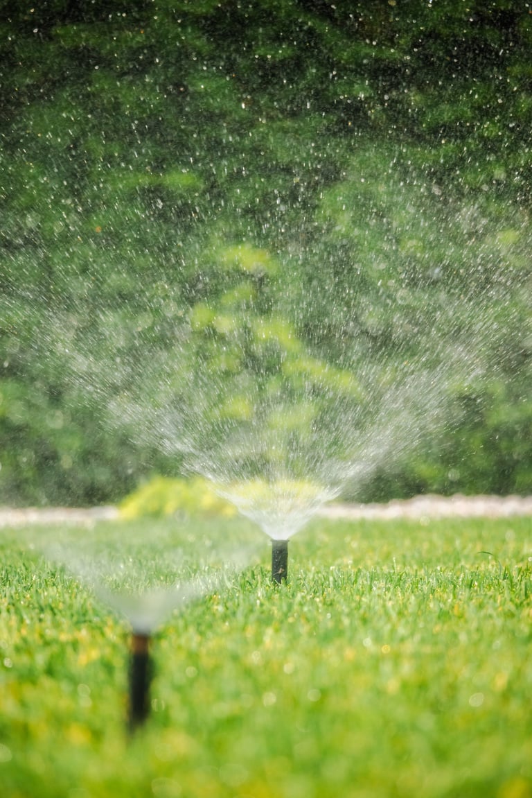 Automatic sprinkler head spraying water on a vibrant green lawn