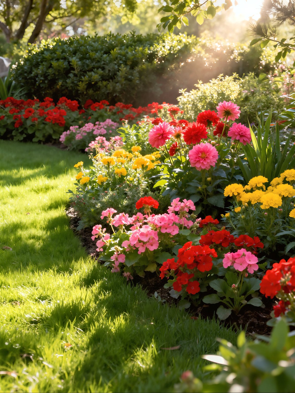 A vibrant flower bed with red, pink, and yellow blossoms curves along a freshly cut green lawn in bright, dappled afternoon sunlight.