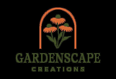 Gardenscape Creations logo featuring three orange flowers in an arched frame with green stems and text below